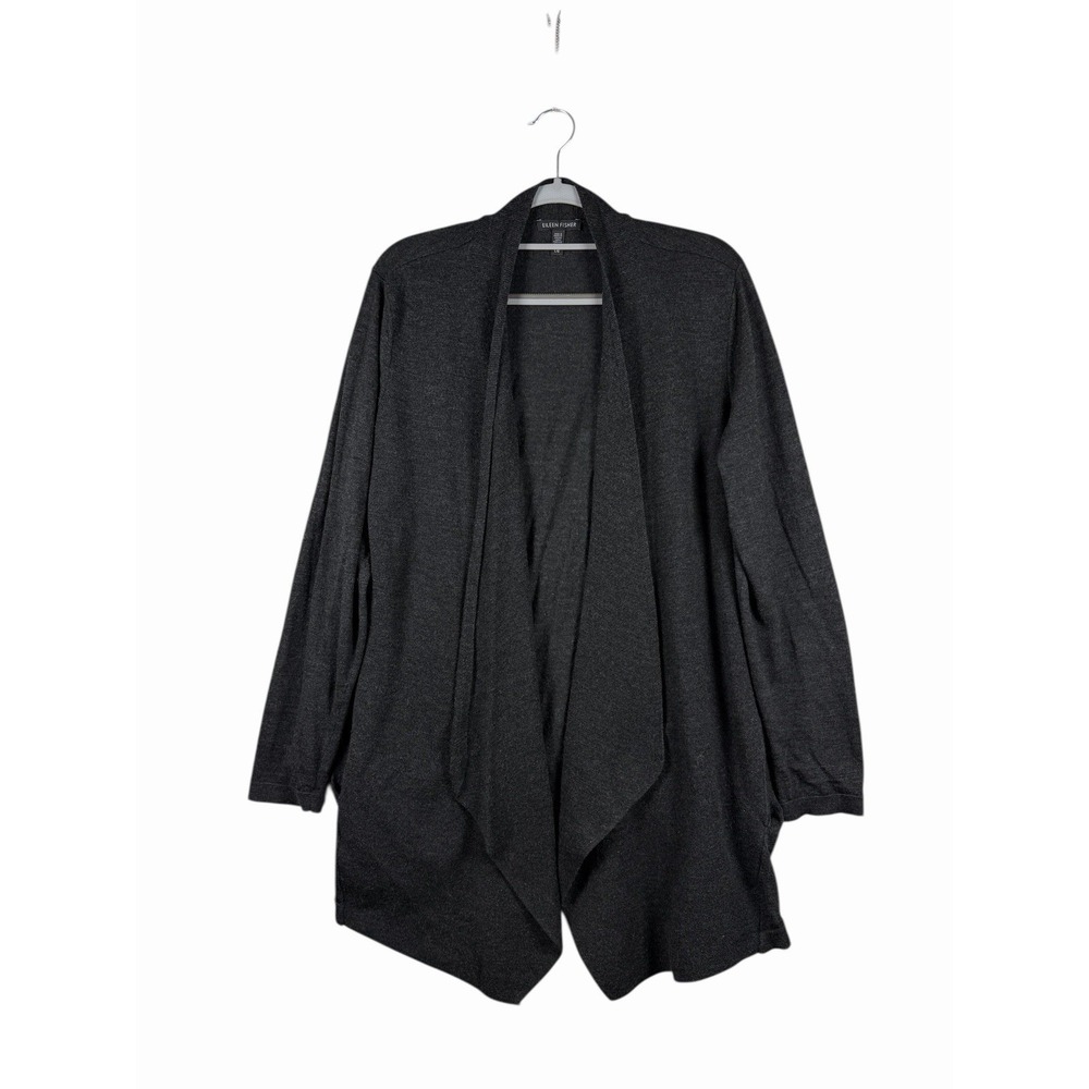 Eileen‎ Fisher Open Front Cardigan Women's Sz L Waterfall Collar Wool Charcoal